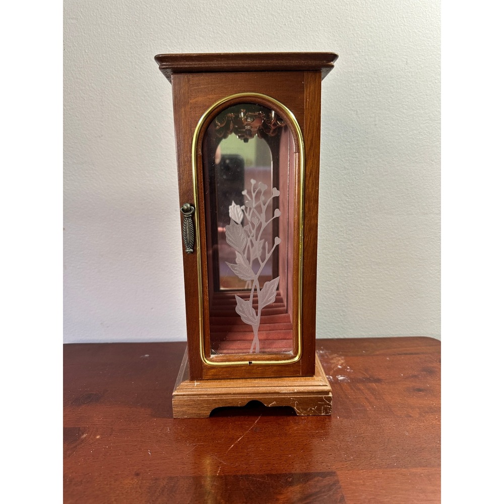 Vintage Mele Wooden Jewelry Box Armoire Etched Glass Floral Pink Velvet Lining